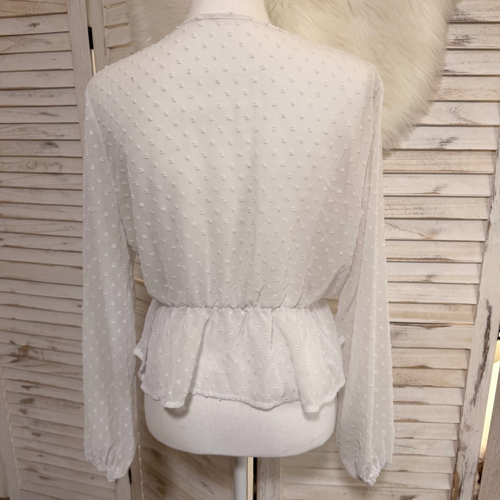 Tie-Front Swiss Dot Crop Top - White - Picture 2 of 7